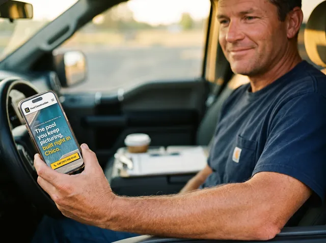 A contractor in his truck holding a phone that shows a new pool builder homepage.