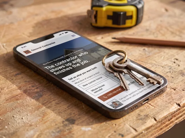 A set of keys resting on a phone that shows a new general contractor homepage.