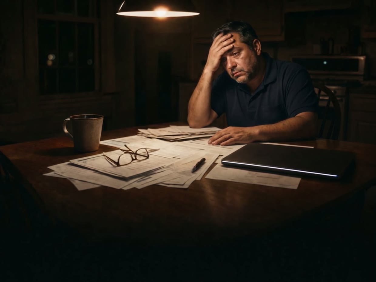A home service owner at his kitchen table at night reads a stack of vendor invoices, sits back, and tosses his glasses onto them
